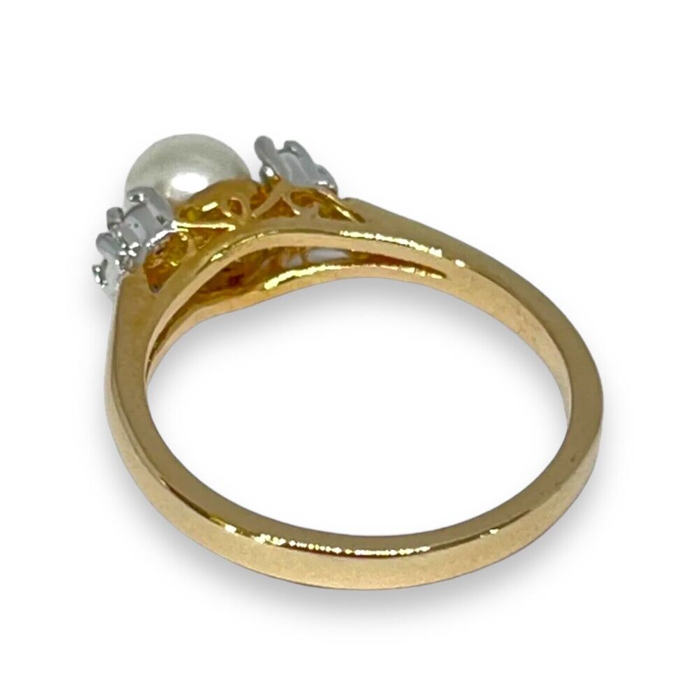 Vintage 1970s Ring Size 6 Simulated Pearl CZ Three Stone Gold Plated - 14M - Picture 14 of 15
